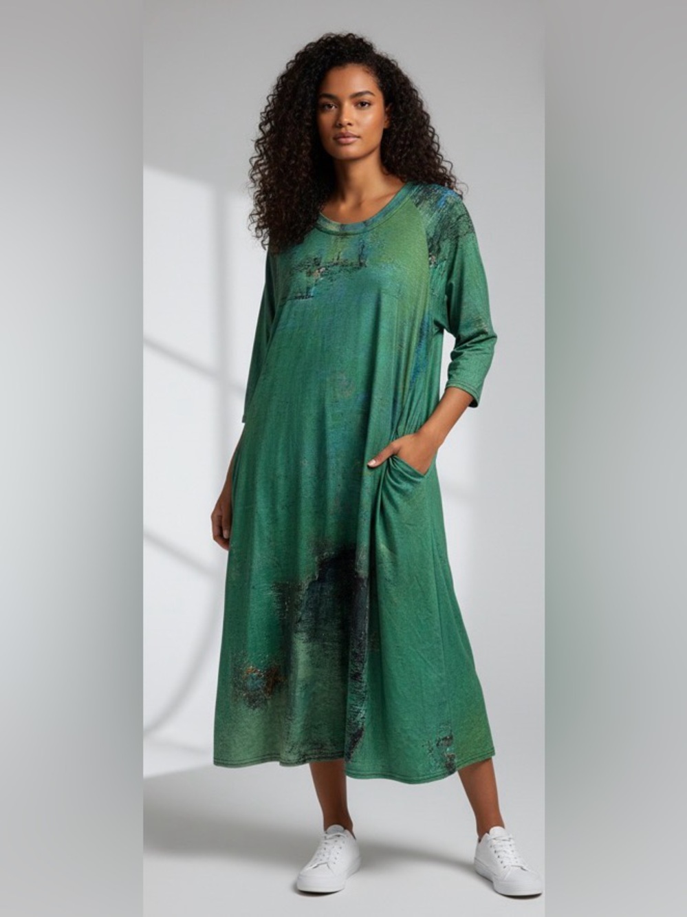 3 Potato Green Art-Print Midi Dress with Side Pockets size Medium